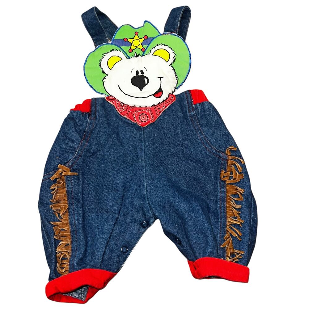 Vintage 80s western cowboy sheriff denim fringe overalls infant boys size 6-9mon